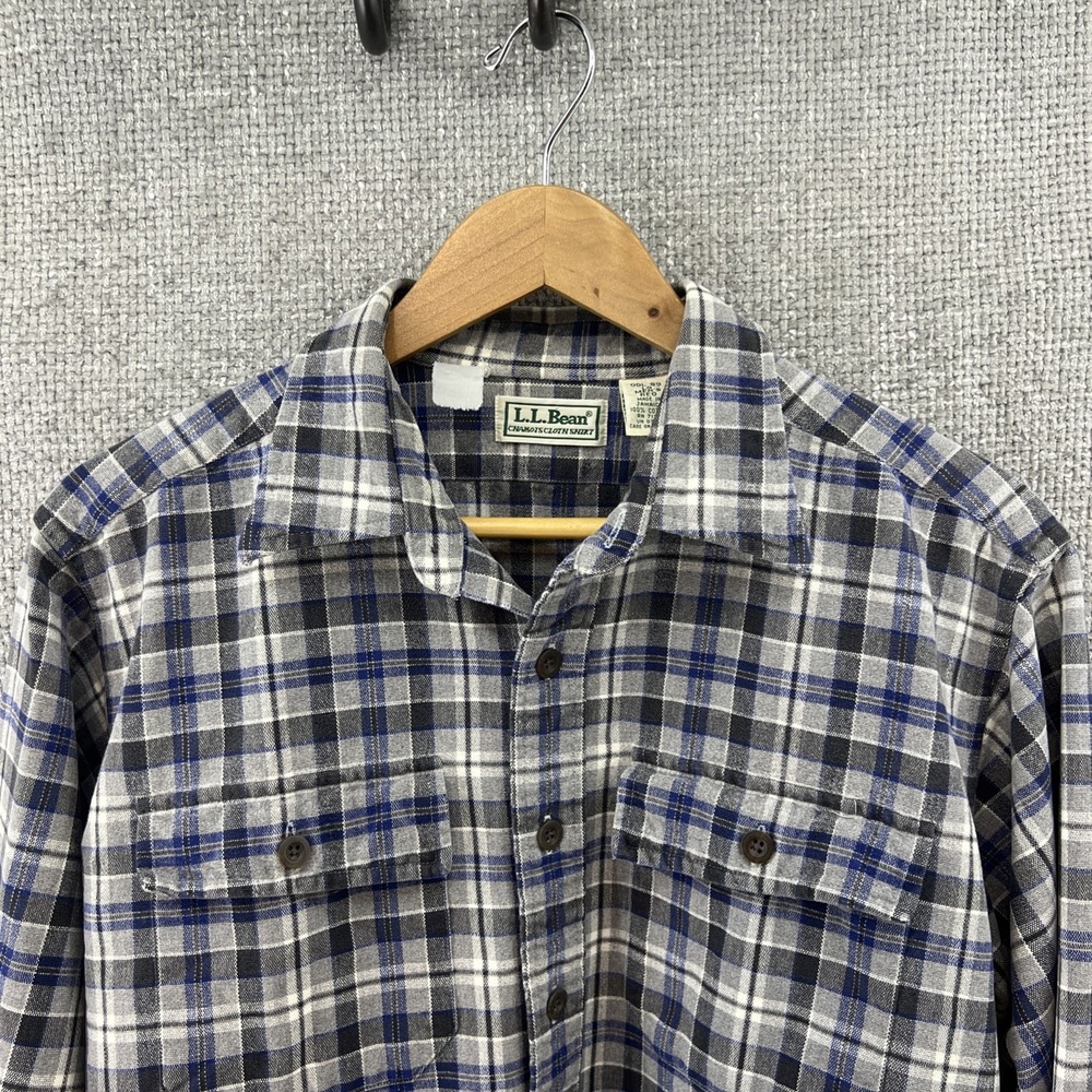 VTG‎ LL Bean Chamois Button Up Shirt Mens Sz Large Blue Grey Pockets Long Sleeve